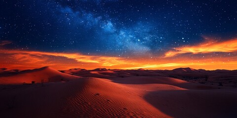 Serene Desert Landscape at Night with Stars and Colorful Sky