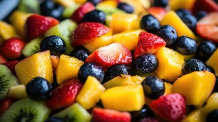 Colorful Assortment of Fresh Fruits Captured in a Beautiful Display of Strawberries, Blueberries, Mangoes, Kiwis, and More Perfect for Healthy Eating and Nutrition