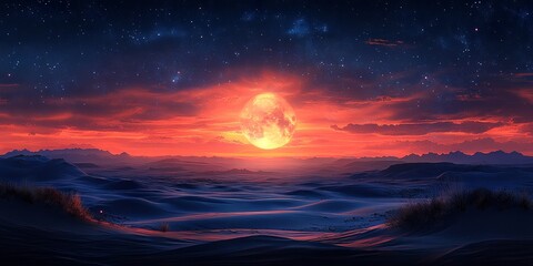 Fototapeta premium Majestic Desert Night Scene with Vibrant Sunset and Stars