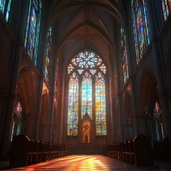 Obraz premium Sunlight streams through church stained glass.