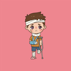 Sad Injured Boy Cartoon Illustration with Cast and Crutches