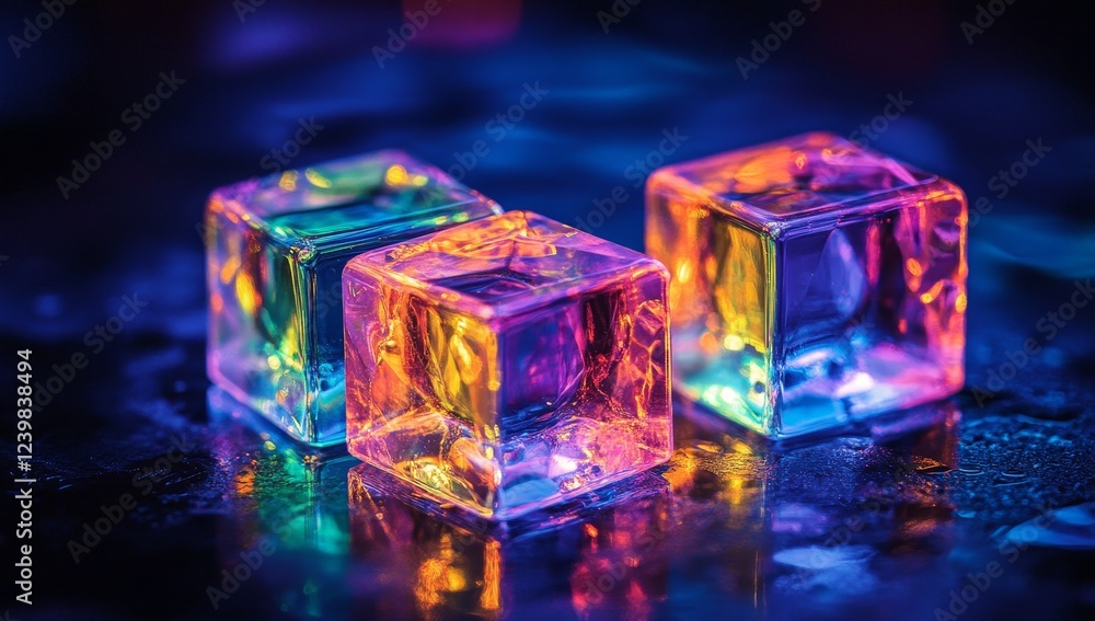 Poster Three illuminated translucent cubes on a dark reflective surface.