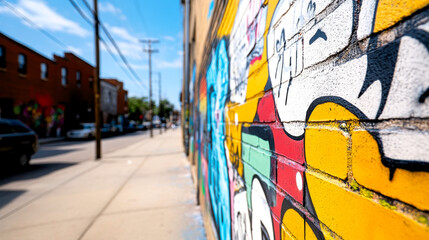 Fototapeta premium A vibrant street mural with graffiti art brightens the sidewalk, capturing urban creativity against a clear blue sky.