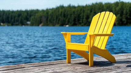 A bright yellow Adirondack chair sits on a wooden dock by a serene lake surrounded by trees.