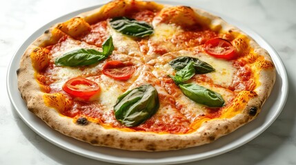 Freshly Baked Margherita Pizza Topped with Basil Leaves and Sliced Tomatoes on a White Plate Surrounded by an Elegant Marble Background