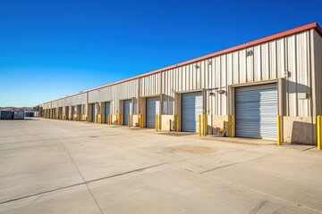 Fototapeta premium Modern warehouse with multiple loading docks. Ideal for logistics, distribution, or industrial concepts.