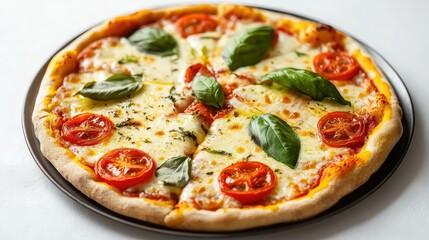 Freshly Baked Pizza with Melted Cheese, Sliced Tomatoes, and Bright Green Basil Leaves on a Rustic Plate Ideal for Food Photography and Culinary Presentations