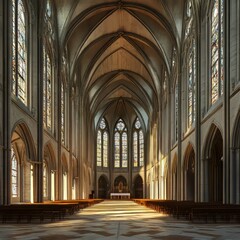 Obraz premium Sunlit Gothic cathedral nave