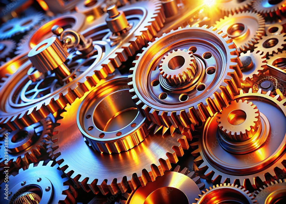 Poster precisely aligned gleaming metal cogs: intricate engineering and rhythmic precision in industrial ma