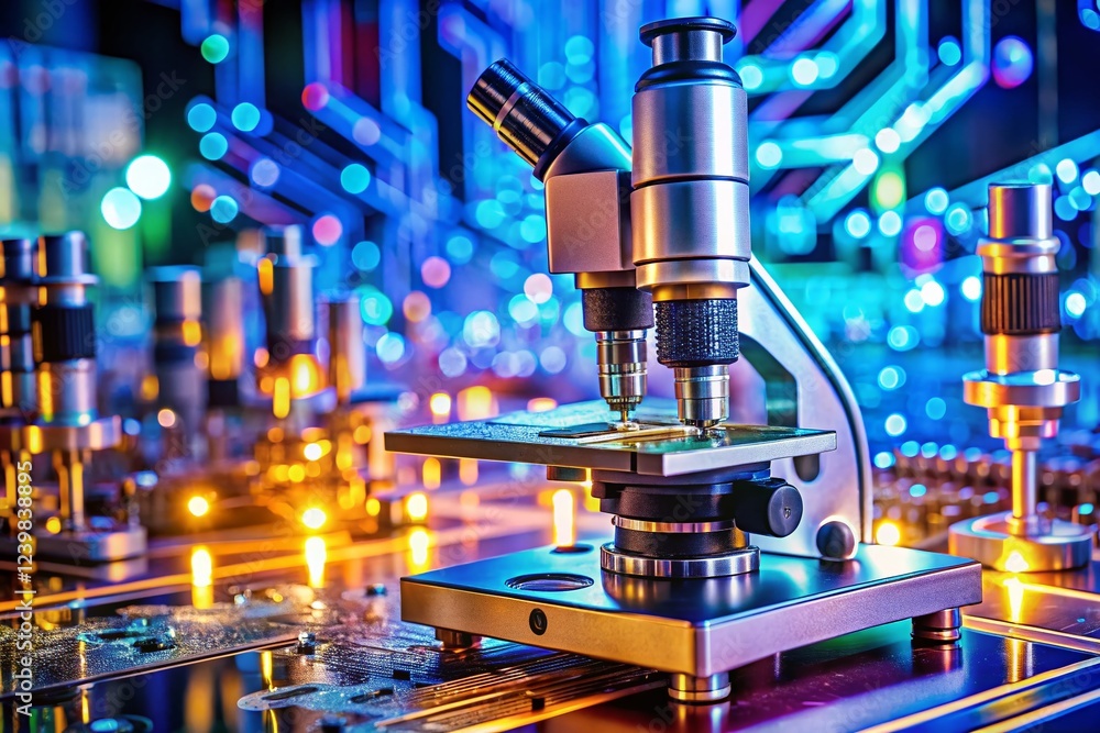 Poster precision instruments in modern electronics development laboratory double exposure