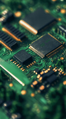 Close up of green circuit board with microchips