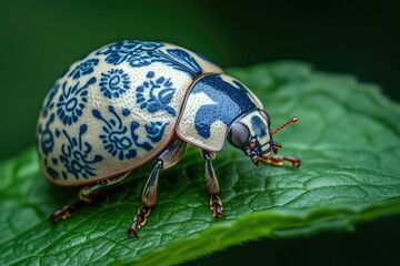 Naklejka premium Blue and White Porcelain Beetle on Green Leaf
