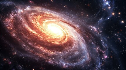 Obraz premium Majestic Spiral Galaxy with Bright Core and Colorful Gas Clouds in the Vast Cosmos, Showcasing the Beauty of Interstellar Space and Stellar Formation