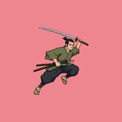 Samurai Warrior Jumping Action Anime Style Illustration