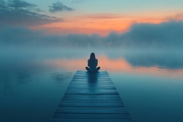 Woman meditates on foggy lake dock at sunrise; peace, serenity