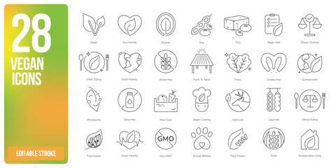 Vegan, vegetarian food and veganism icon set in line style symbol sign for apps and website and infographic vector illustration.