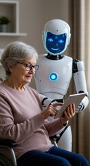 Elderly caucasian female engages with humanoid robot at home using tablet