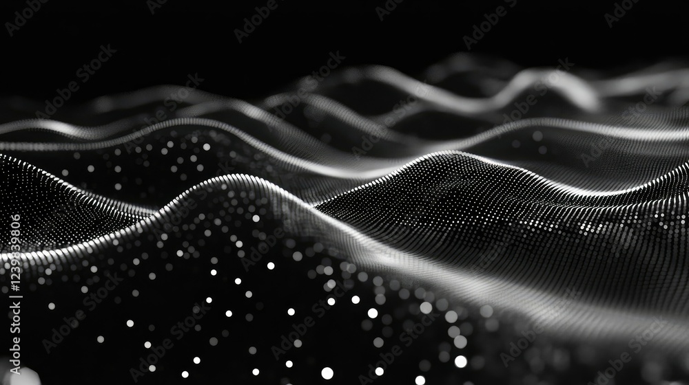 Poster Abstract Digital Waves with Flowing Lines and Particles in Black and White, Creating a Dynamic and Futuristic Landscape of Light and Shadow