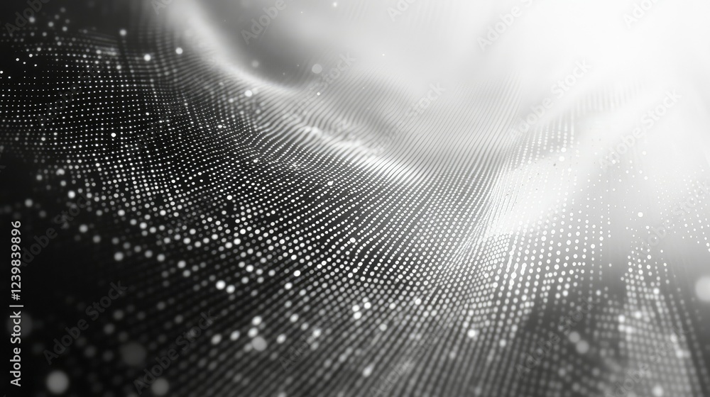 Poster abstract gray and white digital background with dots and particles creating a fluid wave effect, per