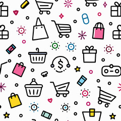 Here's a suggested  and keyword list for your stock photo.. Cheerful seamless pattern of shopping icons.