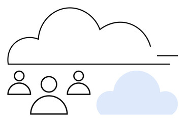 Outline of a large cloud and small cloud with three user icons. Ideal for networking, data sharing, remote work, cloud storage, teamwork, connectivity, and technology applications. Abstract line flat