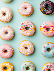 Donut Delight: A vibrant array of assorted donuts, each with unique and colorful icing and sprinkles, arranged in a delightful grid pattern against a pastel blue background.