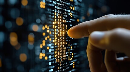 A finger interacts with a digital display of binary code, symbolizing technology and data.