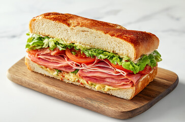 Ciabatta Sandwich with Lettuce, Tomatoes, Ham and Cheese cut in half
