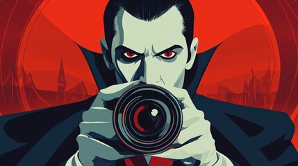 Dracula Character Illustration with Detailed Camera Lens Featuring Vector Format for Professional Designs and Presentations