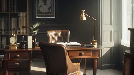 Serene Study: A Luxurious Home Office bathed in Sunlight