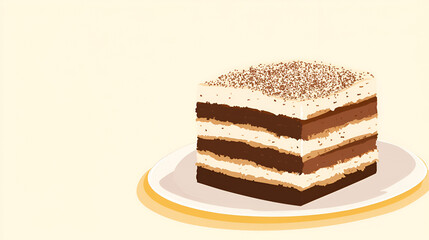 Tiramisu on a Plate: A mouthwatering piece of tiramisu sits on a plate,  ready to be enjoyed. Its layers of coffee-soaked ladyfingers, creamy mascarpone cheese.