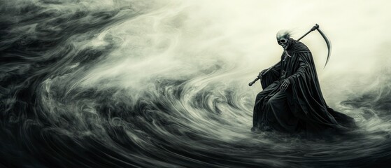 Fototapeta premium Grim Reaper Dark Fantasy Halloween Fog Scythe Death Supernatural Spooky
