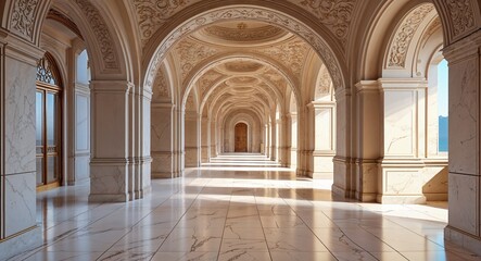 Fototapeta premium Arched corridor with smooth marble floors and delicate stone carvings along the ceiling illustration