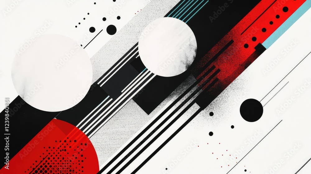 Poster abstract geometric composition with circles, lines, and vivid colors creating dynamic visual impact 