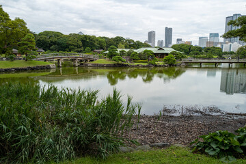 Obraz premium A picturesque Japanese garden scene features a wooden bridge spanning a calm pond, with a modern city skyline in the distance.