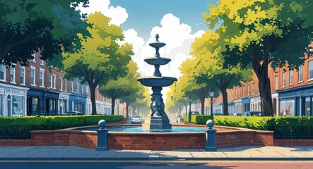 Obraz premium Broad street with a stone fountain and a well maintained hedge on either side illustration