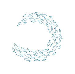 outline fish school pattern. Silhouette of many aquatic creatures swimming together. Ocean life concept, doodle style, suitable for summer projects and marine illustrations.