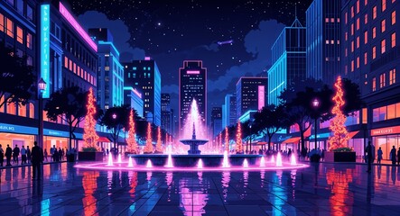 Bustling city plaza with fountains glowing in the dark under neon lights illustration