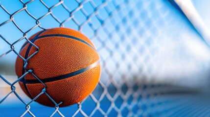 A close-up of a basketball resting against a chain-link fence in a sports setting.