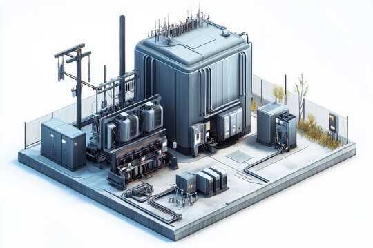Isometric view of an electrical substation, showing transformers, power lines, and other equipment. Illustrates the infrastructure of power distribution networks.