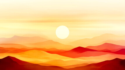 Fototapeta premium A serene landscape featuring soft, layered mountains with a bright sun rising in a gradient of warm colors, creating a tranquil atmosphere.