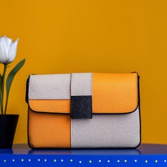 Obraz premium Stylish Women s Leather Handbag Yellow Beige Patchwork Design Fashion Accessory