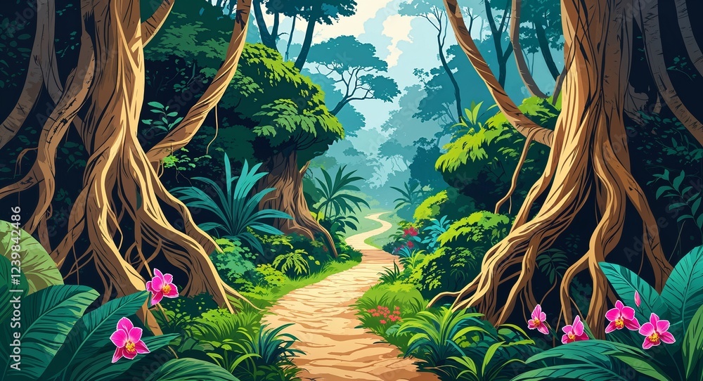 Poster jungle footpath surrounded by colorful orchids and large twisting tree roots illustration