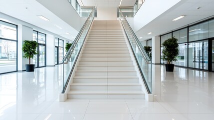 Fototapeta premium Modern staircase in a bright, open lobby with large windows and indoor plants.