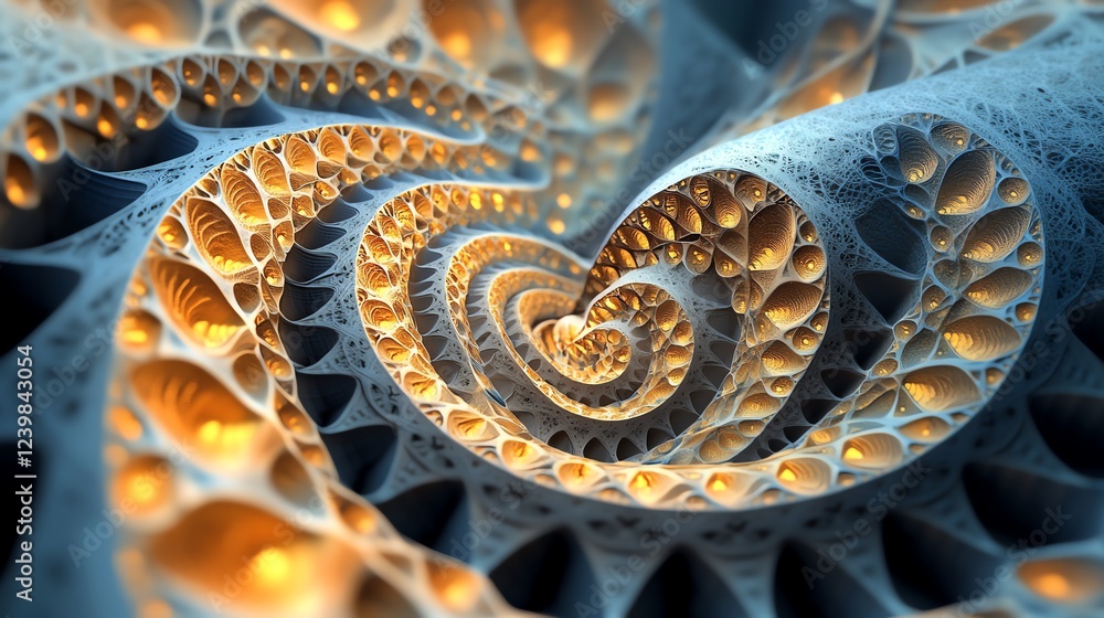 Poster intricate spiral design showcasing glowing elements within a surreal abstract pattern