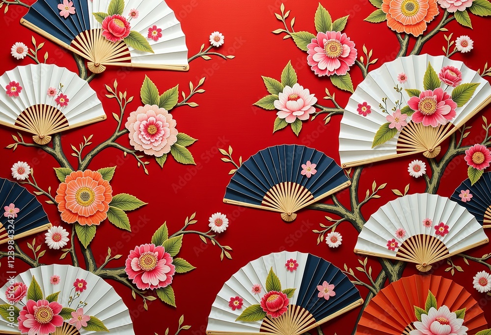 Poster 古典的な着物スタイル：牡丹、梅、菊の扇子柄、金色の赤背景、日本の美術、上品なテキスタイル、文化的なファッション、シームレスなリピート、豊かな装飾、アジアのデザイン、複雑なディテール