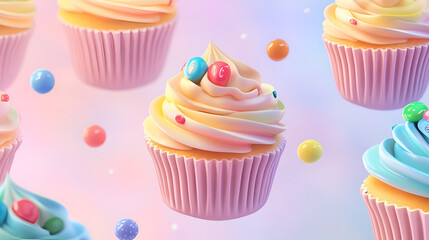 Sweet Treat Delight: A whimsical arrangement of pastel cupcakes, adorned with colorful candy, floats against a dreamy, iridescent background. The image is perfect for showcasing confectionery, baking.