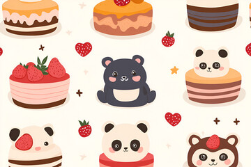Adorable Panda Cakes Seamless Pattern: Delightful seamless pattern featuring cute pandas nestled in delicious cakes, surrounded by juicy strawberries and hearts. Perfect for kids' products.