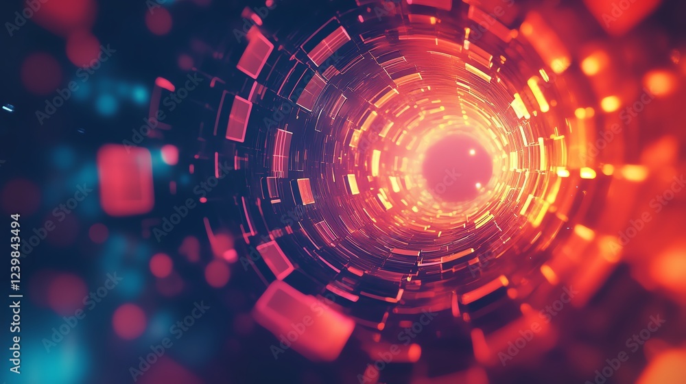 Poster vibrant abstract tunnel landscape showcasing circular patterns with glowing hues and dynamic light e