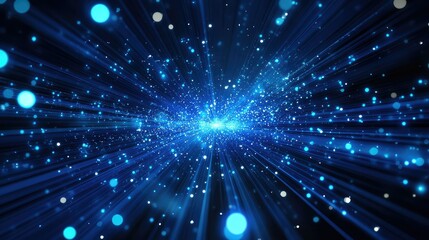 Fototapeta premium Abstract blue background featuring bright particles and glowing lights radiating from a central point, creating an impression of depth, motion, and energy in a cosmic environment